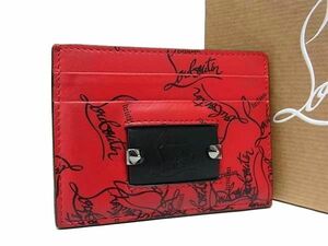 1円 ■美品■ Christian Louboutin ルブタン スパイクスタッズ レザー カードケース カード入れ パスケース 定期入れ レッド系 FC0622