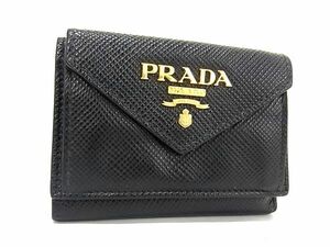 1円 ■極美品■ PRADA プラダ レザー 三つ折り 財布 ウォレット 小銭入れ 札入れ レディース ブラック系 FC1484