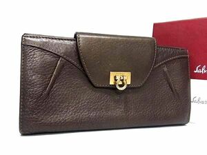 1円 ■美品■ Salvatore Ferragamo フェラガモ ガンチーニ レザー 二つ折り 長財布 ウォレット レディース ブラウン系 FA3713