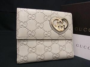 1円 ■美品■ GUCCI グッチ ラブリーハート GG柄 グッチシマ レザー 二つ折り 財布 ウォレット 小銭入れ レディース アイボリー系 FC1138