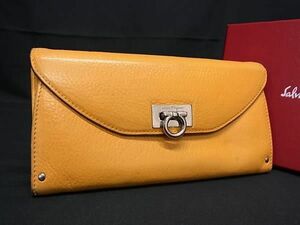 1円 Salvatore Ferragamo フェラガモ ガンチーニ レザー 長財布 ウォレット 札入れ 小銭入れ レディース イエロー系 BJ1807