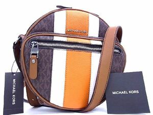 1円 ■新品同様■ MICHAEL KORS マイケルコース MK柄 PVC×レザー クロスボディ ショルダーバッグ 斜め掛けかばん ブラウン系 AJ5713