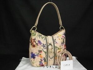 1円 ■新品同様■ FURLA フルラ シレナ ホーボーバッグ レザー フラワー 花柄 2WAY ハンドバッグ ショルダー 斜め掛け ベージュ系 AJ9211