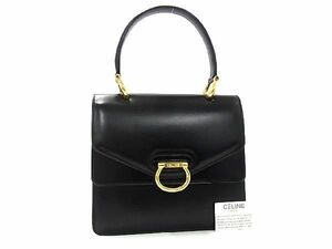 1円 ■美品■ CELINE セリーヌ ガンチーニ金具 ダブルフラップ レザー ワンハンドル ハンドバッグ レディース ブラック系 AV0002