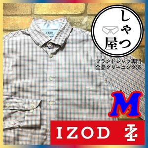 ME5-206★状態良好★高機能★正規品★【IZOD アイゾッド】チェック柄 長袖 ボタンダウン シャツ【メンズ M】朱色 ブルー 吸湿 速乾