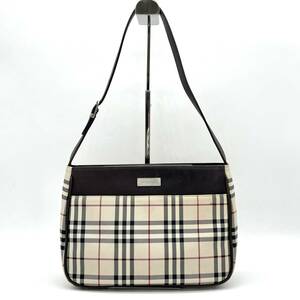 1円 良品 BURBERRY バーバリー ノバチェック ワンショルダーバッグ 肩掛け ベージュ ブラウン キャンバス レザー