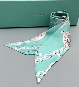 #1980 未使用♪★美品★ ティファニー リボンスカーフ 1837 T&Co ブルー リターン トゥ シルク100％ TIFFANY＆Co.　箱付