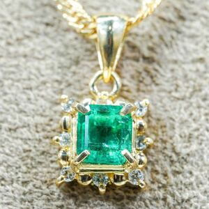 ★1円スタ!鑑定付 K18YG 1.0g イエローゴールド 大粒天然エメラルド ダイヤモンドペンダントトップ Emerald Diamond Pendant 仕上げ済