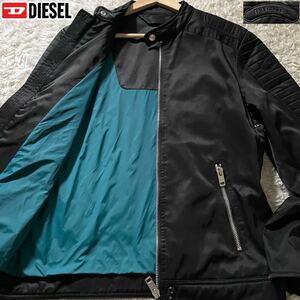 極美品/L相当●DIESEL ディーゼル ナイロン ジップ ジャケット ライダース ブルゾン 裏地ブルー 春 スプリング 肩ロゴワッペン 黒 ブラック