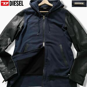 美品/XL相当●DIESEL ディーゼル ラムレザー切替 パーカー フード ダブルジップ ジャケット ブルゾン 袖 羊革 ロゴプレート ネイビー