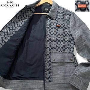 極美品/L相当●COACH コーチ デニムジャケット ジージャン Gジャン ジップ ブルゾン メンズ シグネチャー総柄 ロゴレザーパッチ ネイビー