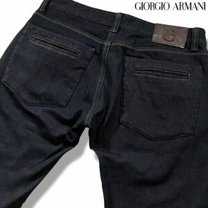 極美品●高級 ジョルジオ アルマーニ デニム ジーンズ ジーパン パンツ GIORGIO ARMANI ストレッチ ネイビー 黒タグ GAレザーロゴパッチ 32