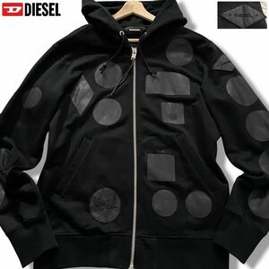 美品/XLサイズ●DIESEL ディーゼル 牛革 ロゴワッペン パーカー フード ジャケット スウェットストレッチ カーフレザー ロゴパッチ 黒