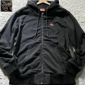 現行赤タグ/XL相当●DIESEL ディーゼル デニム ジップ パーカー ジャケット ストレッチ ジョグ jogg 胸元Dロゴ刺繍 Dロゴチャーム 黒