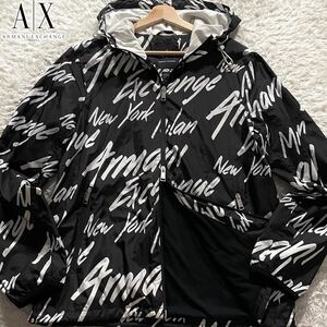 極美品/L相当●アルマーニ エクスチェンジ ナイロン パーカー マウンテン フードジャケット ARMANI EXCHANGE ダブルジップ ロゴ総柄 春