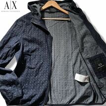 極美品/XL相当●アルマーニ エクスチェンジ デニム パーカー フード ジャケット ARMANI EXCHANGE ダブルジップ インディゴ AXロゴ総柄 春_画像1