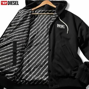 極美品/XL相当●DIESEL ディーゼル 2way リバーシブル パーカー フードジャケット ダブルジップ ナイロン 胸元ロゴ ロゴ総柄デザイン 春