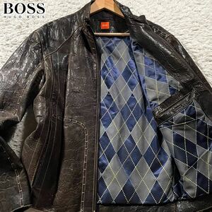 XLサイズ●ヒューゴ ボス ラムレザー ジップ ジャケット シングル ライダース ブルゾン HUGO BOSS 裏地アーガイル総柄 羊革 ブラウン 52