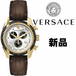 Новый Versace Versace Luxury Swiss Chronograph 50 м. Водонепроницаемый редкий редкий Япония не выпущена в Японии. Новые мужчины подлинная кожаная ремень