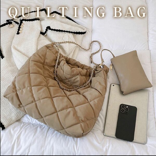キルティングバッグ韓国女子人気 ナイロントート ベージュポーチ チェーン ゴージャスバッグ ふかふかbag マグネットボタン