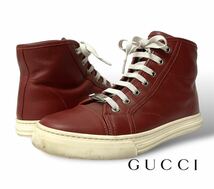 GUCCI グッチ ロゴプレート レザー ハイカット レースアップ スニーカー シューズ レッド イタリア製 正規品_画像1