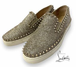 Christian Louboutin Gold Gritter Pik Boat クリスチャン ルブタン スタッズ グリッター スリッポン シューズ メンズ スニーカー 正規品