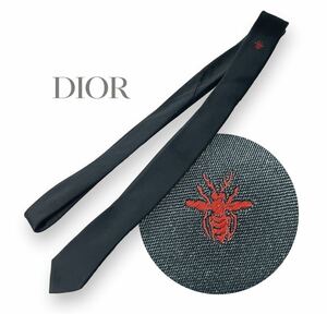 DIOR HOMME ディオールオム BEE 蜂刺繍 ビー ワンポイント レッド ナロータイ シルクタイ シルク100% ネクタイ イタリア製 正規品