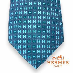 HERMES エルメス H織り シルクタイ H柄 総柄 シルク100% ネクタイ ファソネ H フランス製 バイカラー 正規品