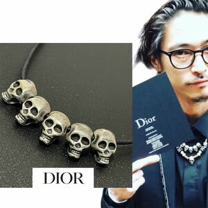 ★ 18SS Dior Homme ディオールオム シルバー 5 スカル レザー ネックレス チョーカー メンズ アクセサリー 窪塚洋介着用 正規品