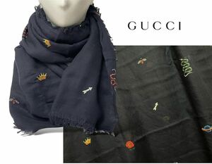 GUCCI グッチ ミケーレ エンブロイダリー GG ビー スネーク レーヨン混 ショール ストール ネイビー イタリア製 正規品