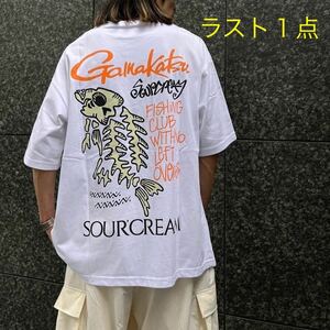 がまかつTシャツ gamakatsu × sourcreamコラボTシャツ フィッシュボーンTEE メンズTシャツ ホワイト 釣り 半袖Tシャツ フリーサイズ