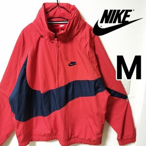 ナイキ 赤 ハーフジップ ビッグスウッシュ ナイロンジャケット 男性Mフード収納 アノラックジャケット NIKE