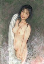 １００円!版画 石川吾郎 本人のオリジナルパステル美人画です！裸婦223湯浴み遊ひ_画像3