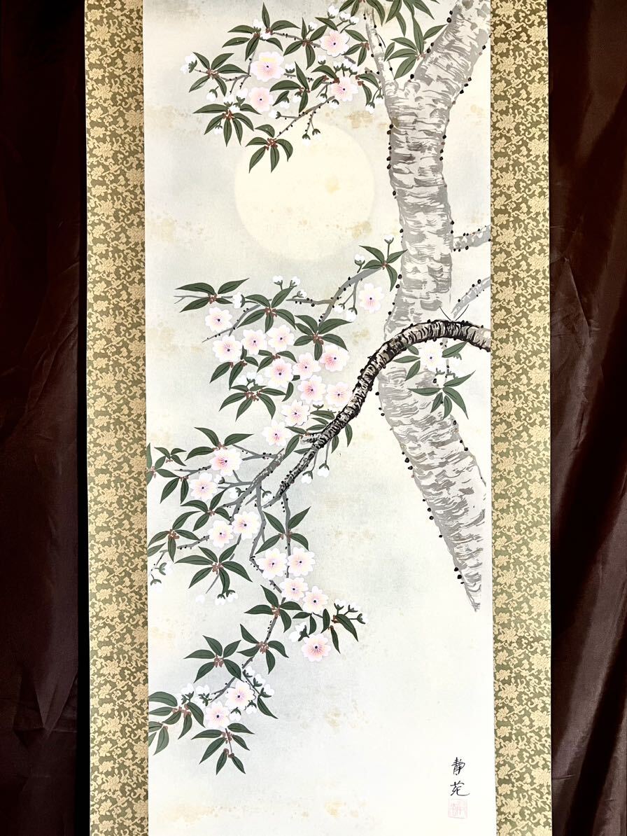 [Auténtico] [T8] Murayama Seien Flores de cerezo en la seda nocturna, Pintado a mano, paisaje de primavera, pájaros y flores, luna y viento, Luna brumosa, Flores de cerezo, sakura, Cuadro, Pergamino colgante, Pintor japonés del período Taisho-Showa, Prefectura de Fukui, Cuadro, pintura japonesa, Flores y pájaros, Fauna silvestre