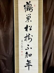 [真作] [S8] 浄土宗昌光律寺住職 杉山大運 呂光 「鶴巣松樹七字一行」紙本 肉筆 共箱 一行書 仏教美術 掛軸