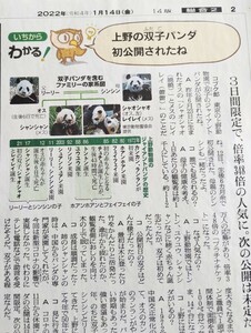 シャオシャオ&レイレイ　2022.1.14 切り抜き新聞記事　上野動物園　リーリーシンシンシャンシャン