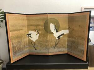 屏風 衝立 / 鶴 ツル 日本画 時代物 旧家 屏風 小道具 アンティーク 仕切り 和室 骨董品