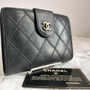 1円～ シャネル CHANEL ビコローレ がま口 二つ折り財布 キャビアスキン ワイルドステッチ マトラッセ ココマーク レザー 黒 ブラック