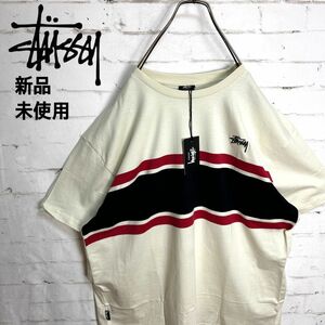 新品未使用タグ付き!!海外限定!! STUSSY 刺繍ロゴストューシー ボーダー クリームカラー ビッグサイズ Tシャツ XXL 