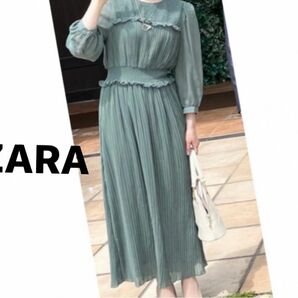 ZARA ザラ　シアーロングワンピース　USAサイズM ウエスト総ゴム　楽ちん　ワッシャープリーツワンピース　ランダムプリーツ　