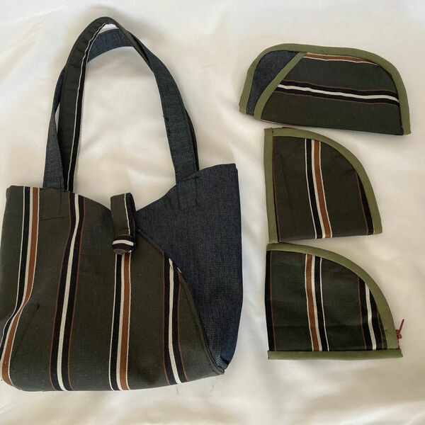 ハンドメイド バッグ 和柄 ストライプ ミニポーチ3個付き グレー×紺