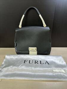 FURLA フルラ レザー ハンドバッグ ブラック ホワイト 保存袋付き ショルダー紐欠品