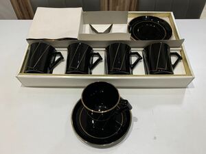 【D5113】コーヒーカップセット 5客セット カップ 5コ ソーサー 5コ 東洋ガラス株式会社 黒いガラス 昭和レトロ 未使用長期保管品