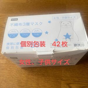 ニトリ　不織布三層マスク42枚　サイズ縦95×145mm女性、子供サイズ　携帯に便利な個別包装