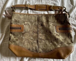 COACH コーチ シグネチャー　コットン　 レザー　ブラウン　ゴールド　擦れ加工　長期保管品