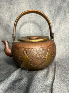 時代 打出 銅金駁牡丹文 水注 銅瓶　薬缶　茶道具