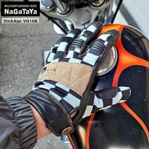 Vin&Age VG16B 3 season correspondence ( spring, summer, autumn ) cow leather checker flag pattern glove M size ivory × black Biker glove 