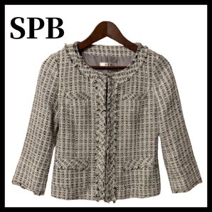 美品 SPB ツイード ノーカラー ジャケット M 7部丈 フォーマル セレモニー服