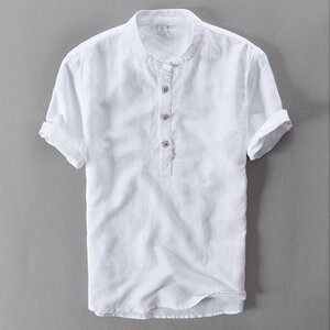 XL ホワイト リネンシャツ メンズ 半袖 無地 通気 麻綿 シャツ 白シャツ カジュアル 春 夏物