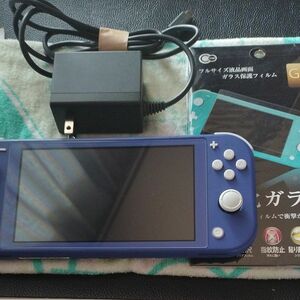 Nintendo Switch Liteブルー本体(一部破損有)と純正充電器と保護フィルムと背面シリコンカバーとレッドのポーチ付き